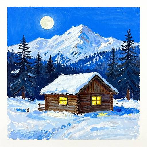 Cozy Cabin in Snowy Mountain Night