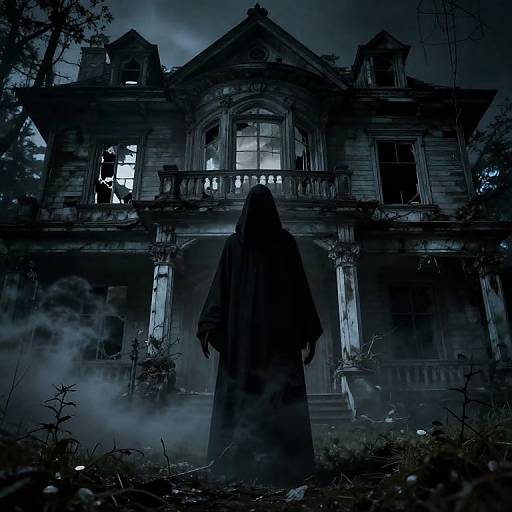 Silhouetted figure in long cloak stands before eerie, dilapidated, blue-lit mansion with broken windows and fog. Dark, atmospheric,