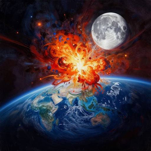 Digital art of a massive nuclear explosion on Earth's surface, with bright orange flames, a full moon in the dark space background, and vibrant blue and