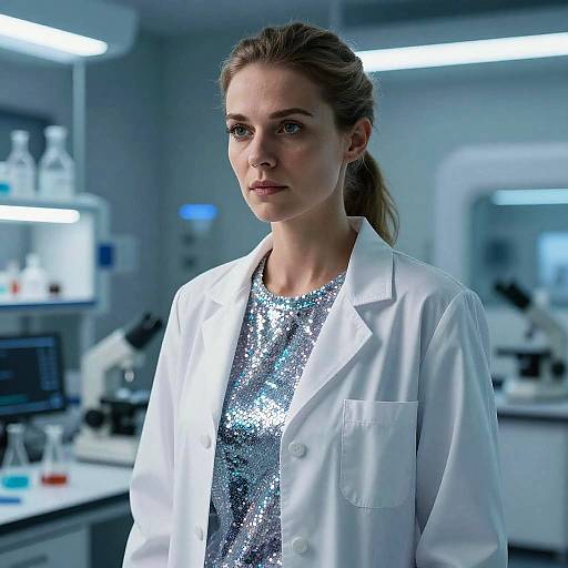 Photograph of a serious young woman with light skin, brown hair in a ponytail, wearing a white lab coat over a shimmering silver dress,