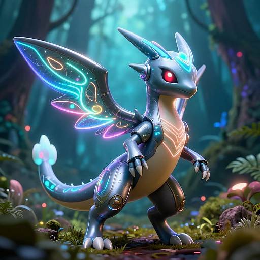 Digital art of a glowing, robotic dragon with neon blue and purple wings, red eyes, and a bioluminescent chest in a mystical forest.