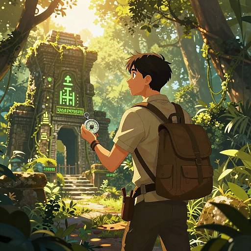 Anime-style digital illustration of a young man with dark hair, wearing a beige shirt and brown backpack, standing in a sunlit, lush forest, g
