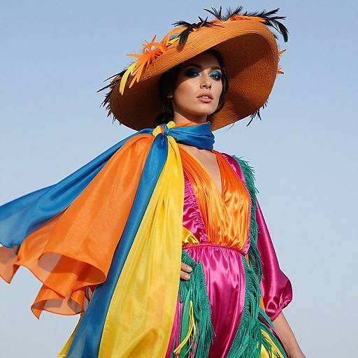 Photograph of a woman in vibrant, colorful dress with orange, yellow, blue, and pink fabric, and a wide-brimmed hat adorned with