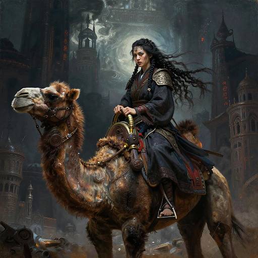 Digital fantasy artwork: Dark-haired warrior in black armor rides a fuzzy brown camel through a foggy, gothic cityscape with towering spires.