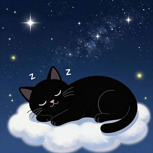 Sleeping Black Cat on Cloud Under Starry Night