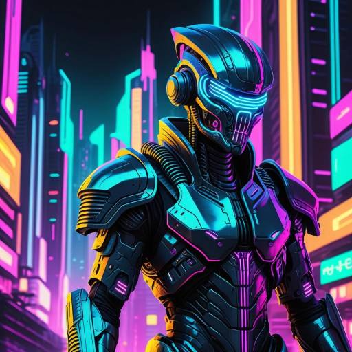 Cybernetic Warrior in Neon Cityscape Cybernetic Warrior in Neon Cityscape