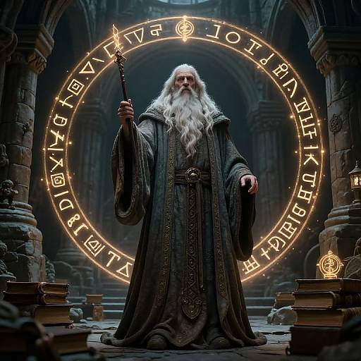 Photorealistic digital art of a white-bearded wizard holding a staff, standing in a dimly lit, ancient stone hall with a glowing, magical