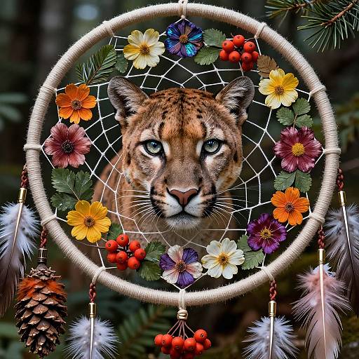 Photograph of a dreamcatcher with vibrant flowers, red berries, and feathers, centered on a realistic cougar's face, set against a forest background