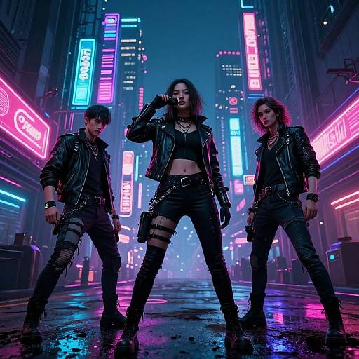 Cyberpunk street scene photograph: three edgy, leather-clad individuals with neon-lit cityscape, glowing neon signs, wet pavement, and