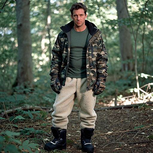 Photograph of a muscular man with short dark hair, wearing a camouflage jacket, gray shirt, white fleece pants, black boots, and gloves, standing