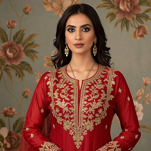 Elegant Woman in Red Embroidered Jacket