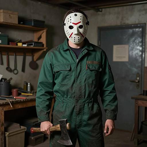 Man in Jason Mask Holding Axe in Workshop