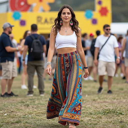 Photograph of a young woman with long brown hair, wearing a white crop top and colorful, patterned maxi skirt, standing in a grassy outdoor