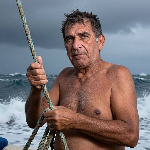 Photograph of a muscular, shirtless middle-aged man with tanned skin, short dark hair, and serious expression, holding a rope against a storm