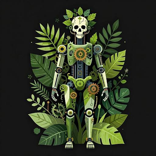 Digital illustration of a robotic skeleton with green gears and leaves, standing amidst vibrant tropical foliage on a black background.
