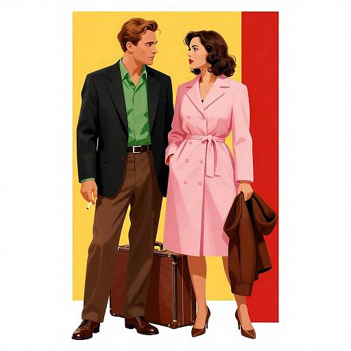 Vintage Couple with Suitcase Illustration