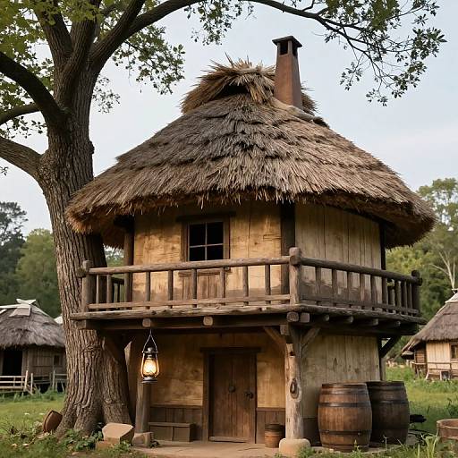 Photograph of a rustic, wooden, thatched-roof cottage with a balcony, lantern, barrels, and surrounded by trees and similar huts.