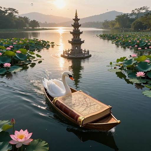 Photograph of a white swan with a red beak in a wooden boat with an open book, floating on a serene lake at sunset, surrounded