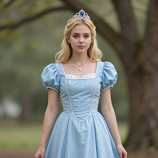 Photograph of a young blonde woman with fair skin wearing a light blue Disney-style princess dress, puffed sleeves, tiara, and necklace, standing