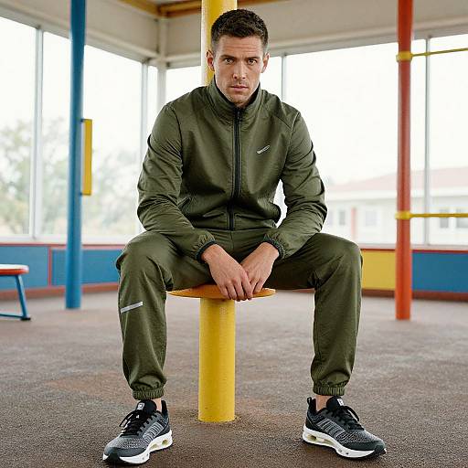 Photograph of a serious, fit young man with short dark hair, wearing an olive green track suit and black sneakers, sitting on a yellow pole in