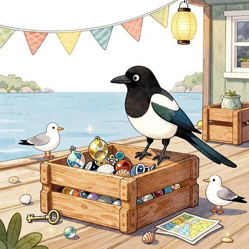 Magpie and Seagulls on Seaside Pier with Treasures