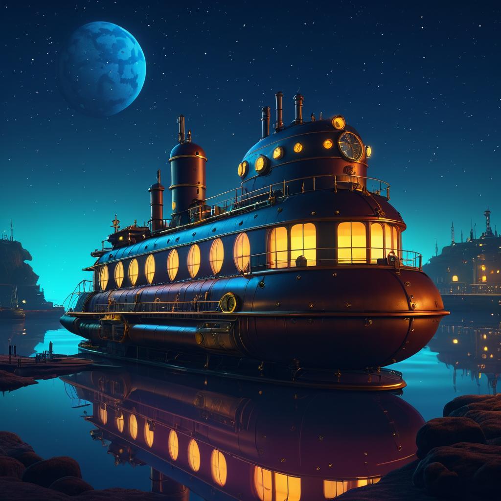 Steampunk Submarine Under Starry Night