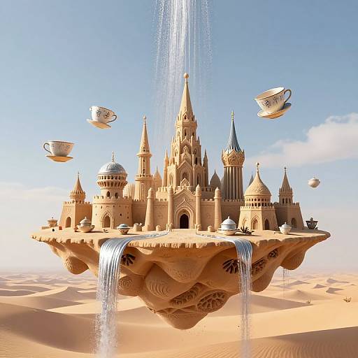 Fantasy CGI image of a floating, ornate castle with waterfalls, surrounded by floating teacups, set against a clear blue sky. Desert