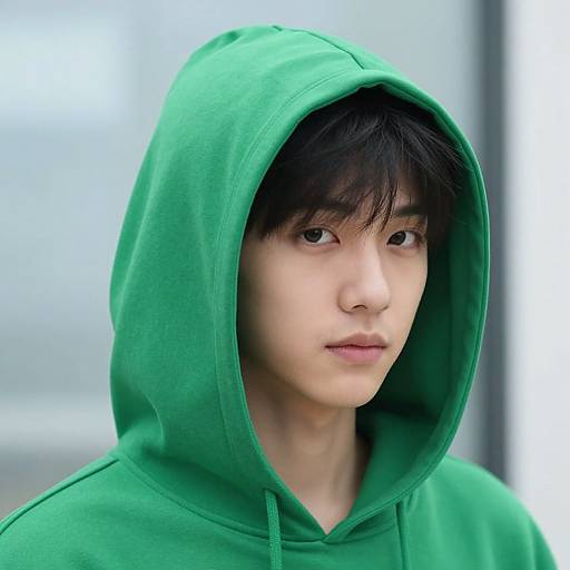 Photograph of an Asian young man with fair skin, black hair, and brown eyes, wearing a green hooded sweatshirt, looking slightly to the