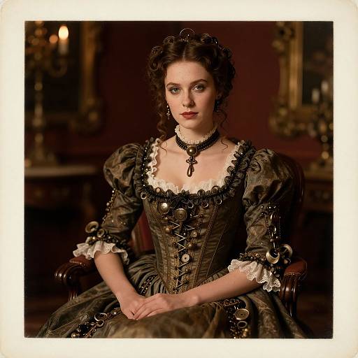 Photograph of a pale-skinned woman with dark hair, wearing an ornate, Victorian-style brown dress with black lace and buttons, seated in a