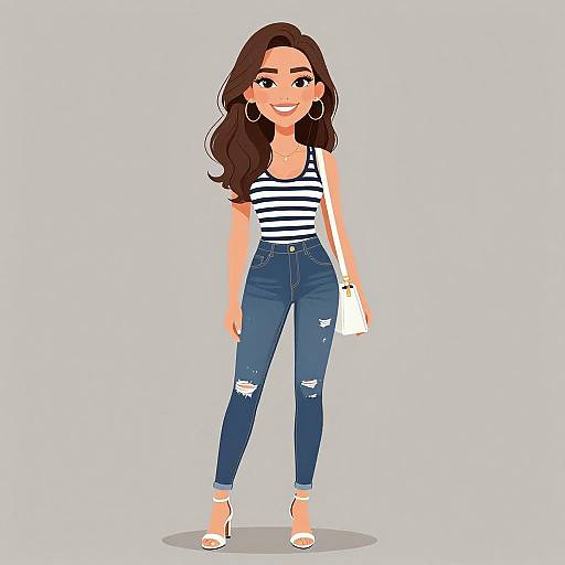 Digital illustration of a smiling woman with long brown hair, wearing a black-and-white striped top, ripped blue jeans, white heels, and hoop earrings,