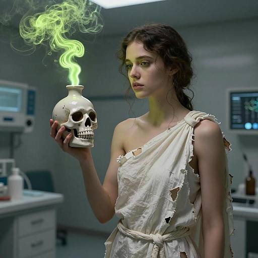 Digital artwork of a pale, brunette woman in a tattered white toga, holding a glowing green-smoke emitting skull in a sterile laboratory.