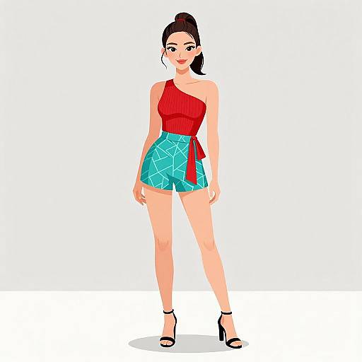 Digital illustration of a confident woman with fair skin, black hair in a high ponytail, wearing a red one-shoulder top, blue high-w