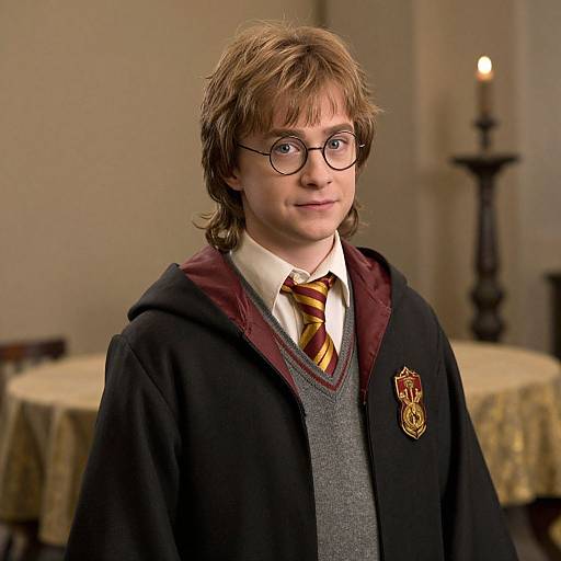 Photograph of a young man with glasses, brown hair, wearing a Hogwarts robe, maroon and yellow striped tie, gray sweater, and white shirt