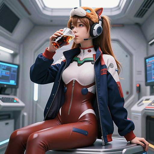 Digital anime-style image of a brown-haired woman in a futuristic cockpit, sipping whiskey. She wears a fox ear headset, white and red bodys