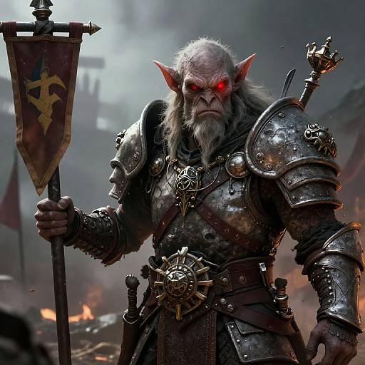 CGI image of a menacing, red-eyed orc warrior with gray beard, wearing detailed, dark metallic armor and holding a battle flag. Background: chaotic