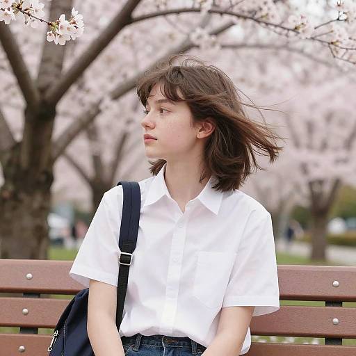Photograph of a teenage girl with brown hair, wearing a white shirt and blue jeans, sitting on a wooden bench, with cherry blossoms in the