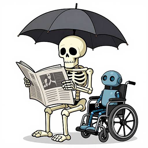 Cartoon Skeleton and Robot with Umbrella
