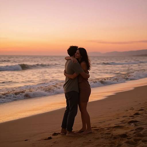 Photograph of a silhouetted couple embracing on a sandy beach at sunset, with orange and pink sky and gentle waves.