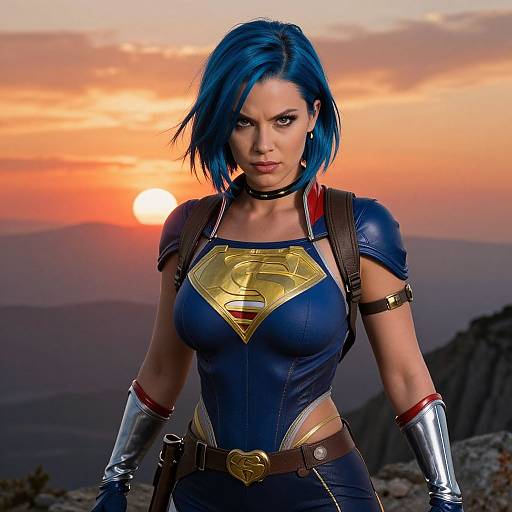 Photograph of a blue-haired woman in a blue and gold superhero costume, standing against a sunset mountain backdrop, with intense expression.