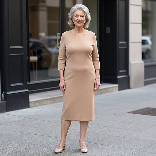 Photograph of an elderly woman with short gray hair, wearing a beige long-sleeve knee-length dress and beige shoes, standing on a city sidewalk