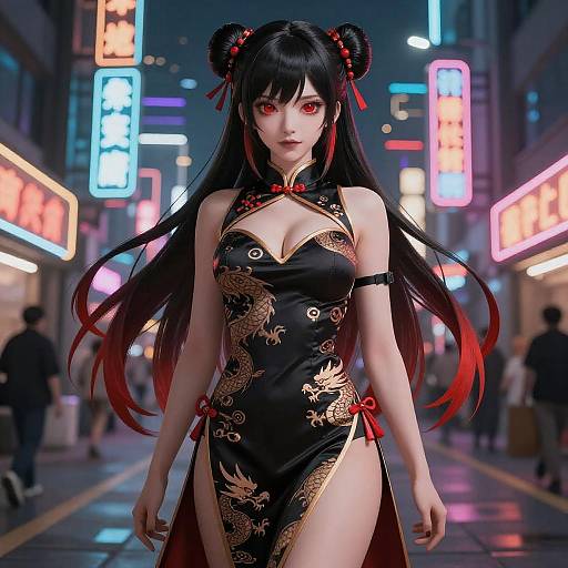 Anime Style Woman in Black Dragon Cheongsam