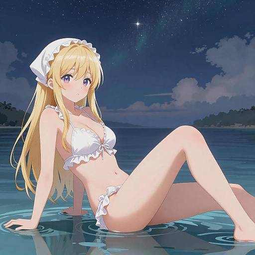 Dreamy Anime Girl on Water at Night