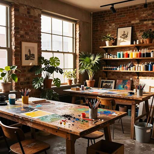 Cozy Art Studio with Sunlit Brick Walls