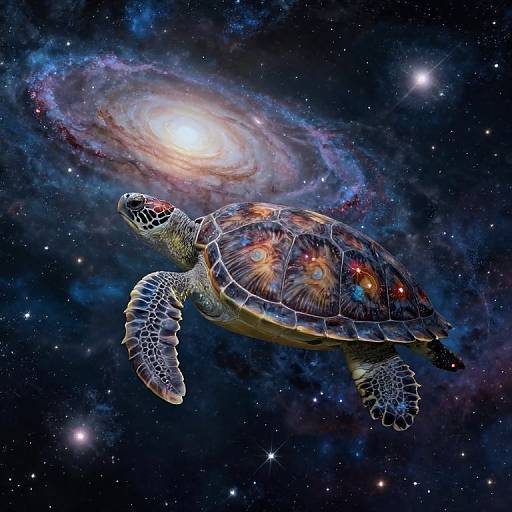 Digital art of a turtle with a galaxy-patterned shell floating in a starry, cosmic space with a vibrant spiral galaxy.