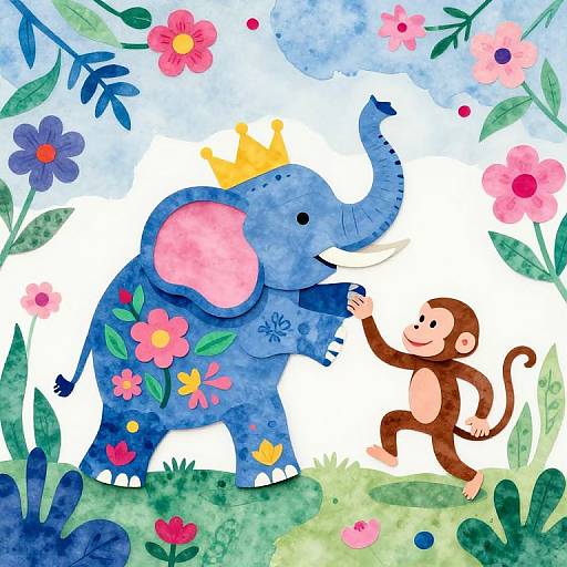 Colorful watercolor illustration of a blue elephant with a yellow crown, adorned with flowers, touching hands with a happy brown monkey in a lush, floral
