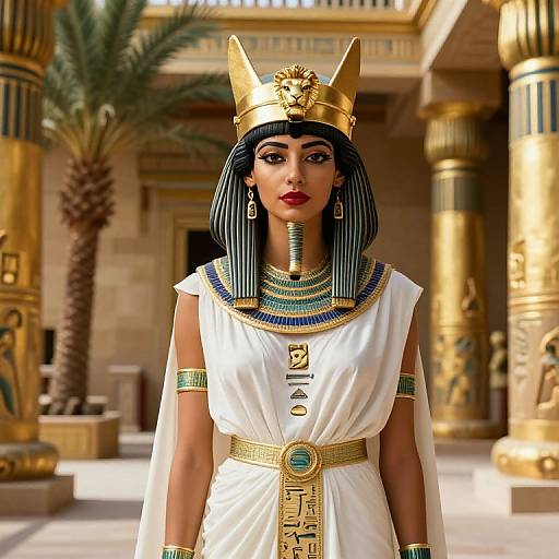 Digital art of an ancient Egyptian woman with black striped hair, gold headpiece, white dress, gold and blue jewelry, standing in a sunlit temple