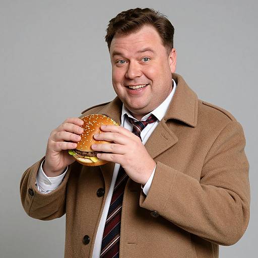 Photograph of a smiling, overweight man with short brown hair, wearing a brown coat, white shirt, and striped tie, holding a sesame-seed