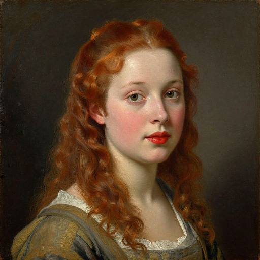Classical oil painting of a fair-skinned, red-haired young woman with curled hair, rosy cheeks, red lips, and a dark background.