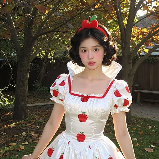 Photograph of an Asian woman with fair skin, wearing a white, red apple-embellished dress, red apple headband, in a sun