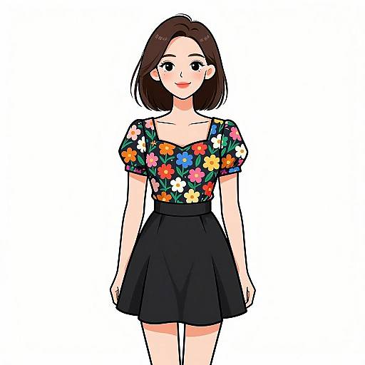 Digital anime-style drawing of a smiling young woman with short brown hair, wearing a colorful floral off-shoulder top and black skirt.
